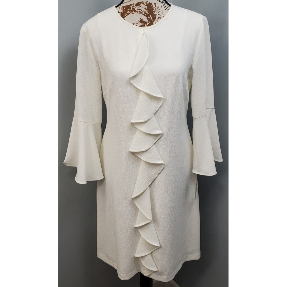 Gabby Skye Midi Dress Womens 8 White Dramatic Bell Sleeves Ruffle Front 18142M
